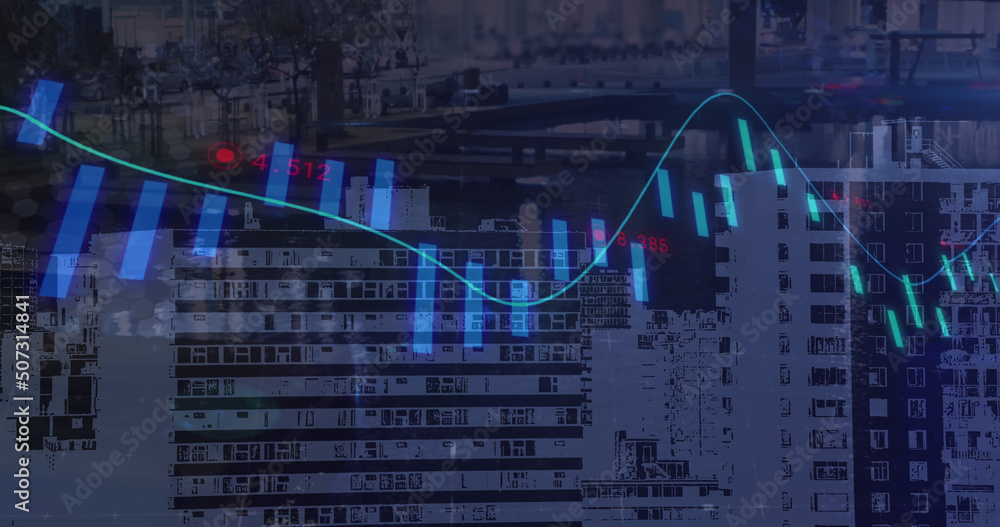 Image of financial data processing over cityscape