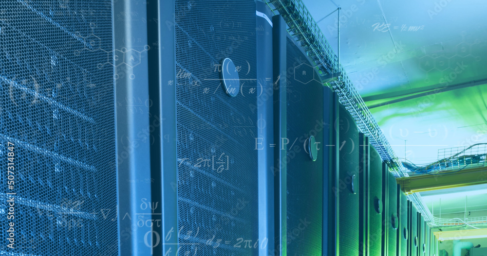 Image of mathematical equations over server room