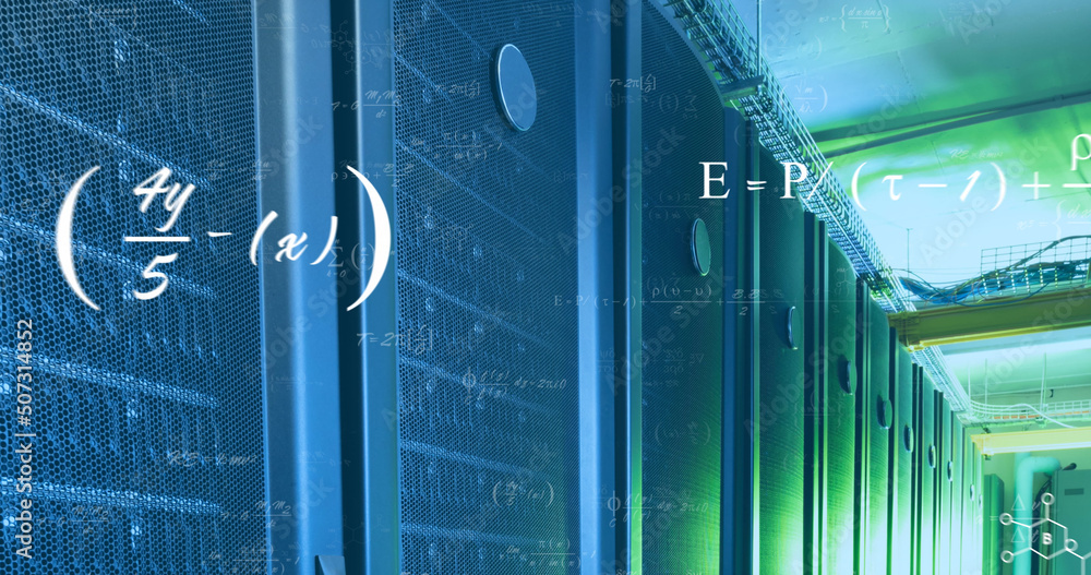 Image of mathematical equations over server room