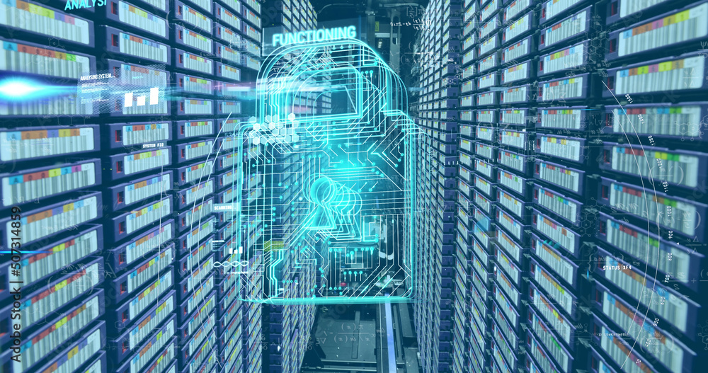 Image of padlock icon and data processing over server room