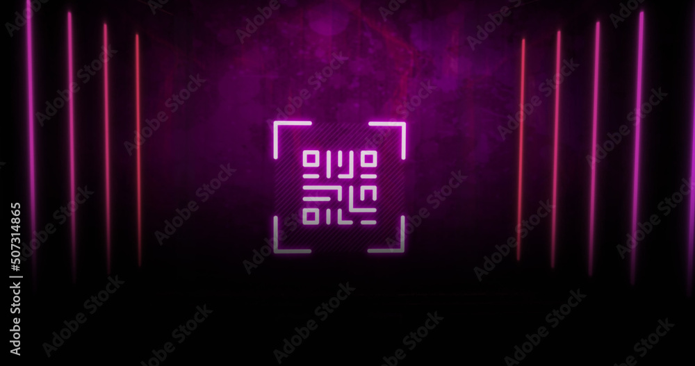 Image of neon qr code with lines over black background