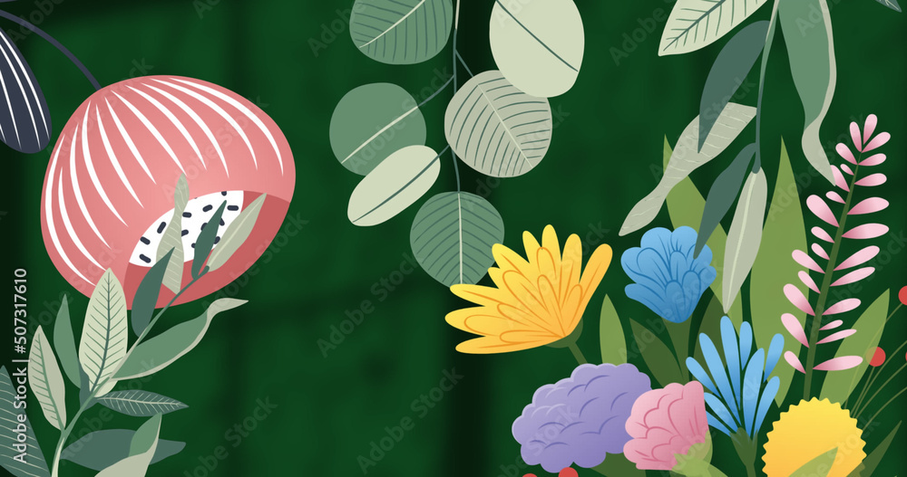 Image of flowers over leaves and window shadow on green background