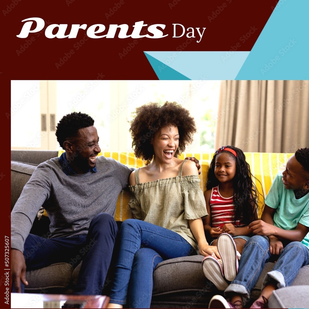 Parents day text with cheerful african american parents sitting by son and daughter on sofa