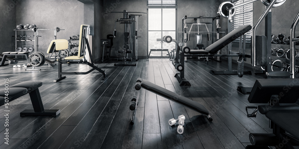 Body Building Gym Integrated Inside a Fitness Area - panormic black and white 3D Visualization