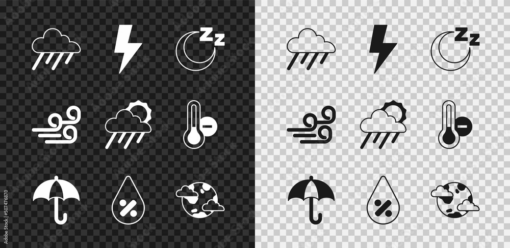 Set Cloud with rain, Lightning bolt, Time to sleep, Umbrella, Water drop percentage, Earth planet cl