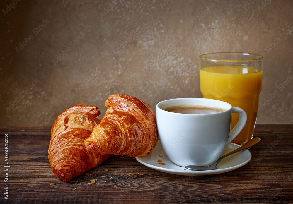 cup of coffee, croissants and orange juice