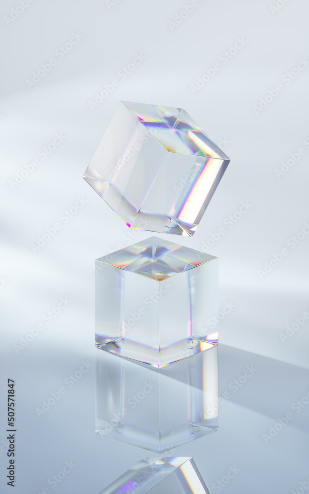 Glass cube with bright background, 3d rendering.