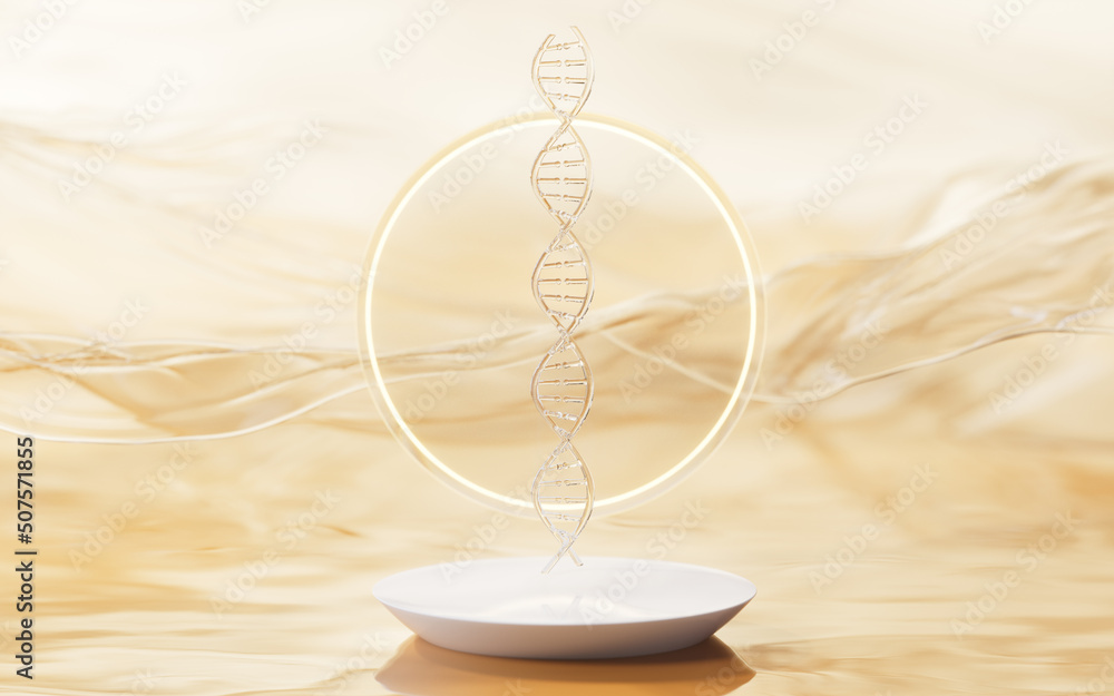 金色波浪背景的DNA，三维渲染。