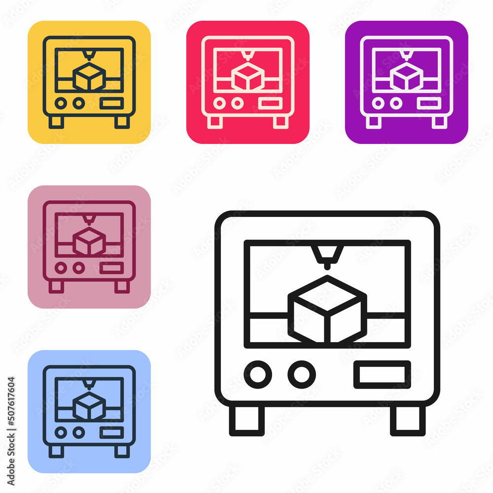 黑线3D打印机图标隔离在白色背景上。3D打印。将图标设置为彩色方形屁股