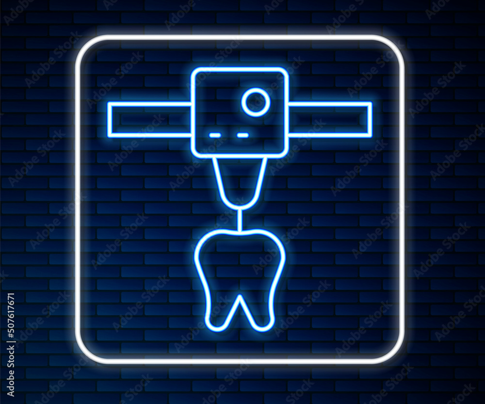 Glowing neon line 3D printer tooth icon isolated on brick wall background. 3d printing. Vector