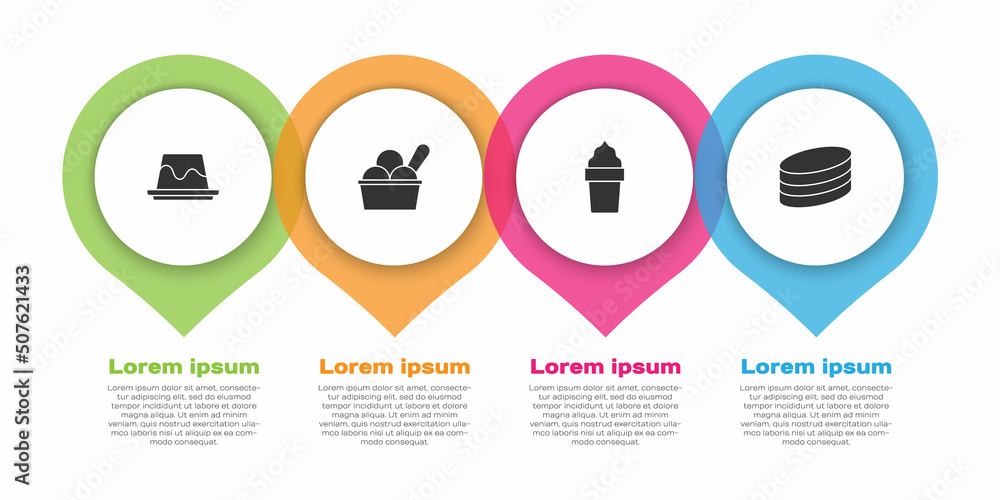 Set Pudding custard, Ice cream bowl, waffle cone and Brownie chocolate cake. Business infographic te