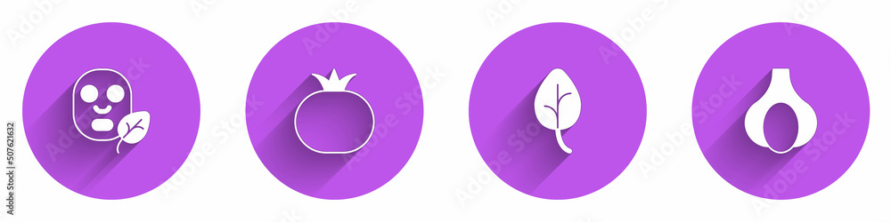 Set Facial cosmetic mask, Tomato, Leaf or leaves and Garlic icon with long shadow. Vector