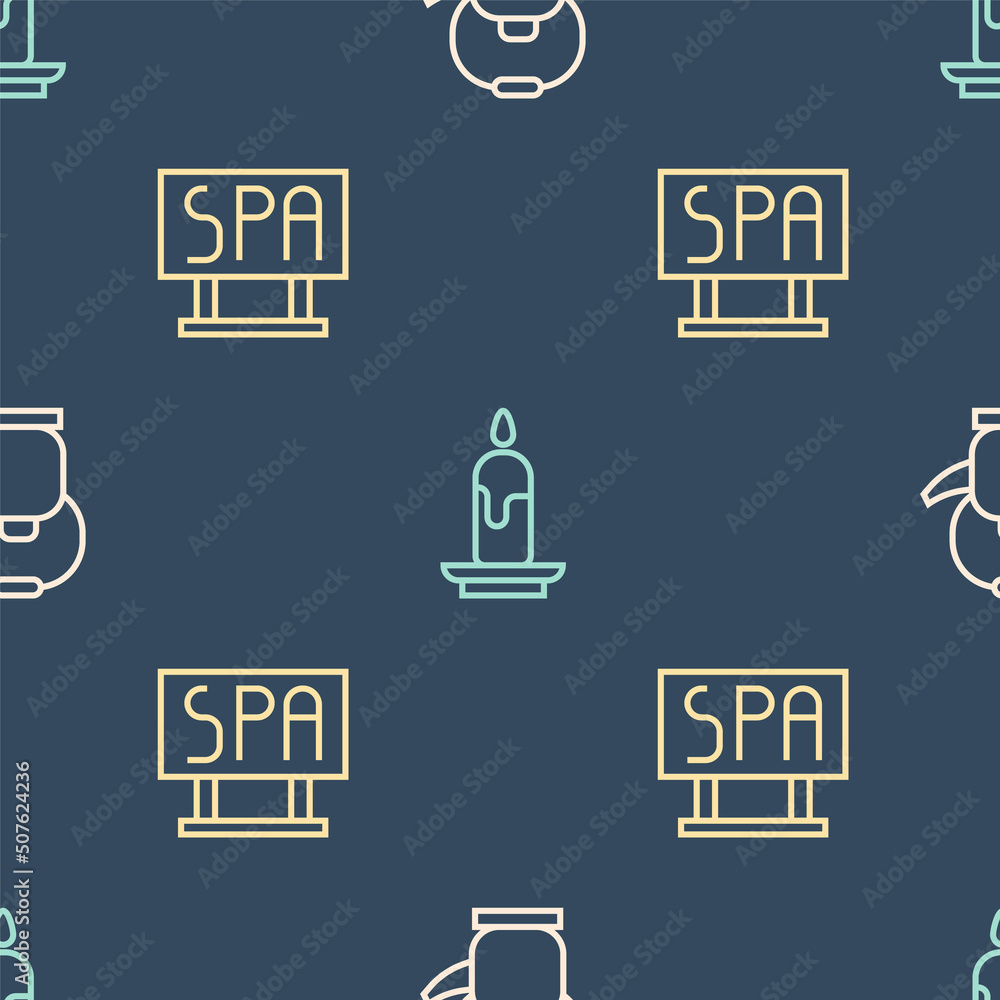 Set line Kettle with handle, Spa salon signboard and Burning candle on seamless pattern. Vector