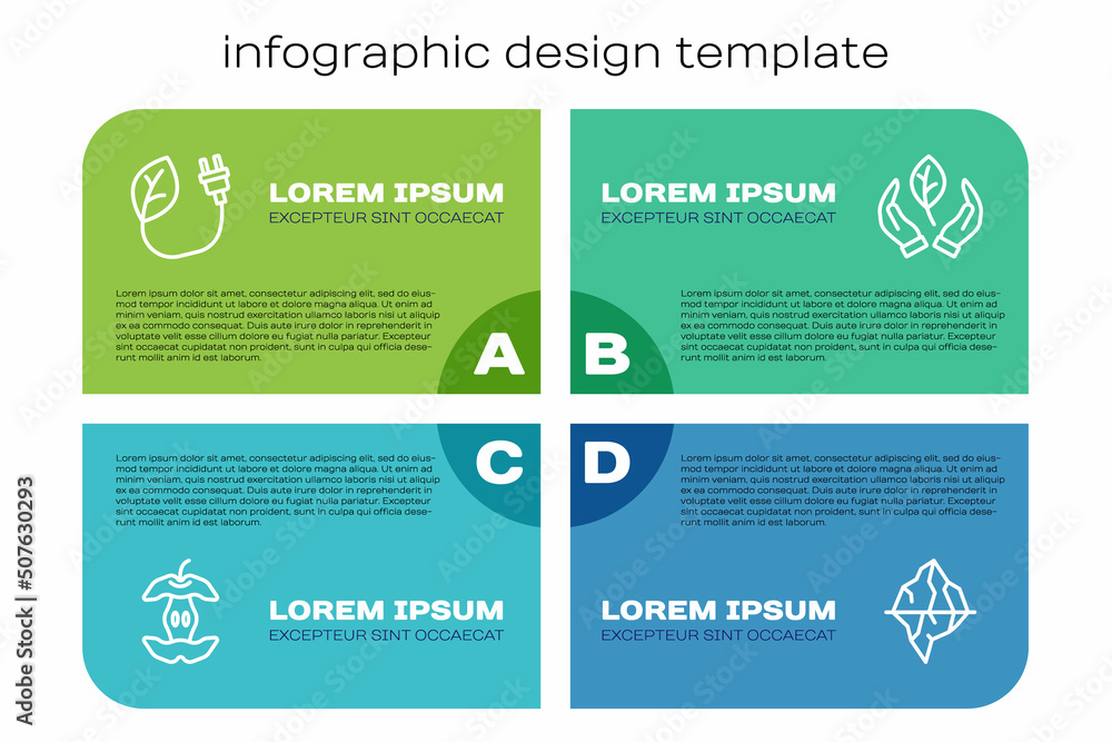 Set line Apple core, Electric saving plug in leaf, Iceberg and Leaf hand. Business infographic templ