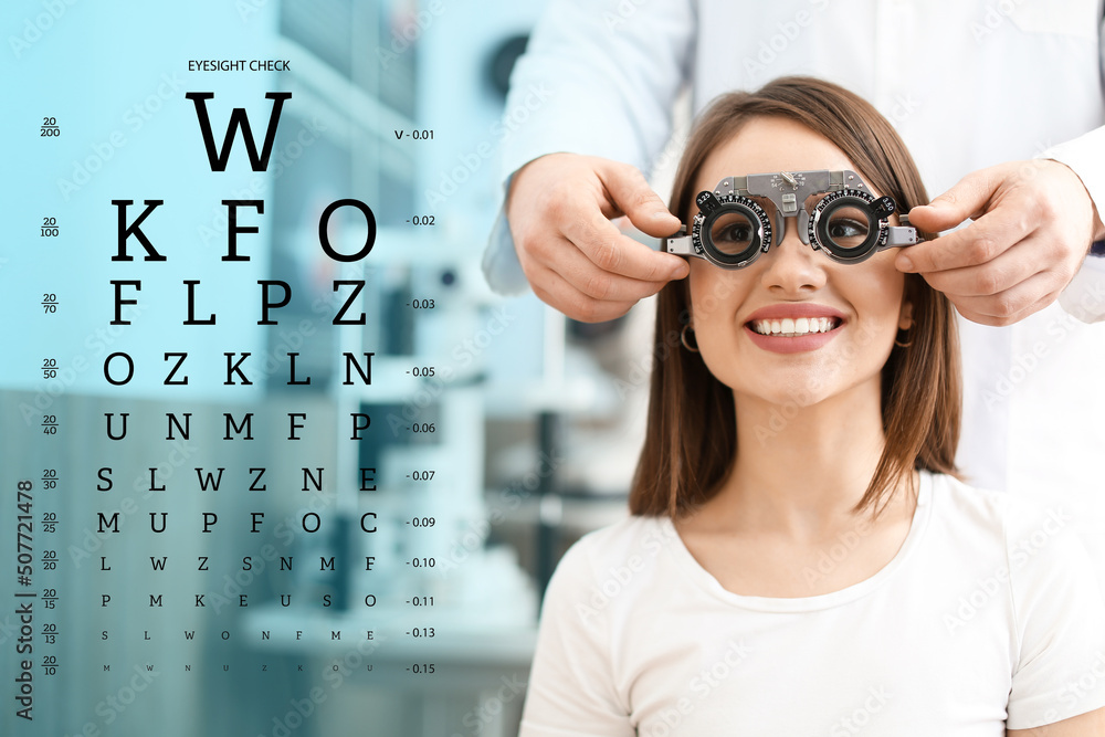 Collage with eye test chart and ophthalmologist examining young woman in clinic