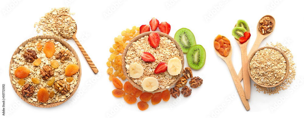 Set of raw oatmeal, fruits and nuts on white background