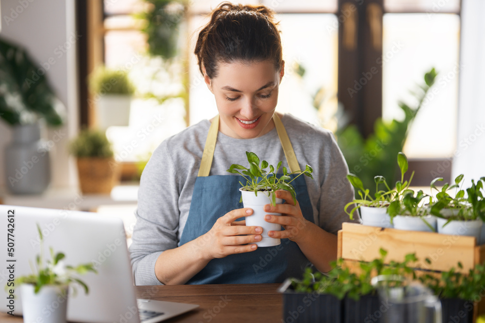 Woman caring for plants