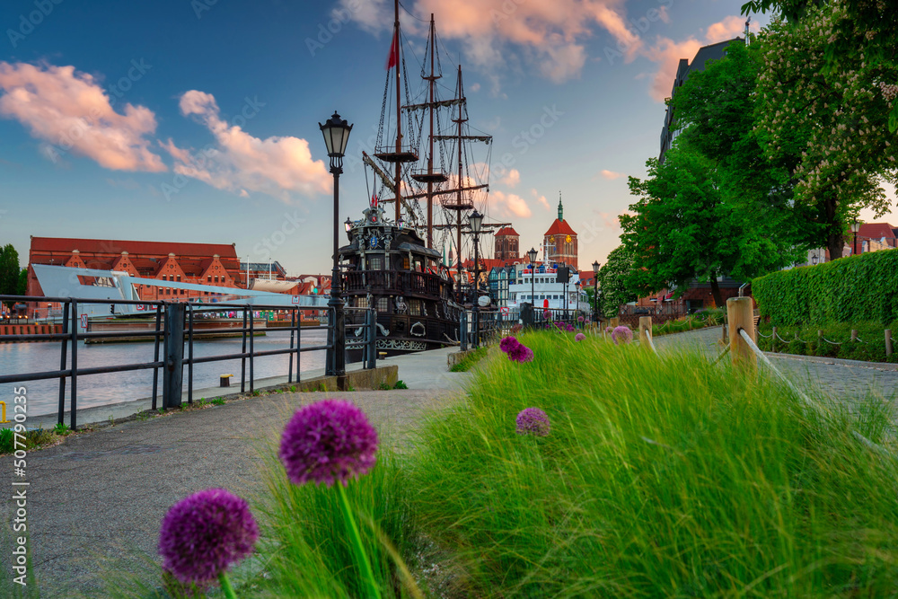 Beautiful Gdansk city by the Motlawa River at sunset. Poland