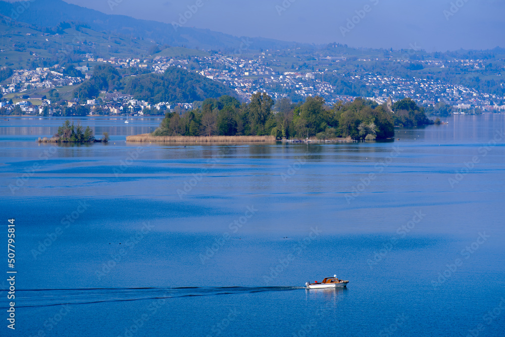 View over Lake Zürich from City of Rapperswil-Jona, Canton St. Gallen, with Islands Lützelau and Ufe