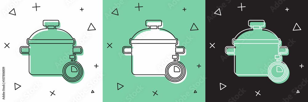 Set Cooking pot icon isolated on white and green, black background. Boil or stew food symbol. Vector