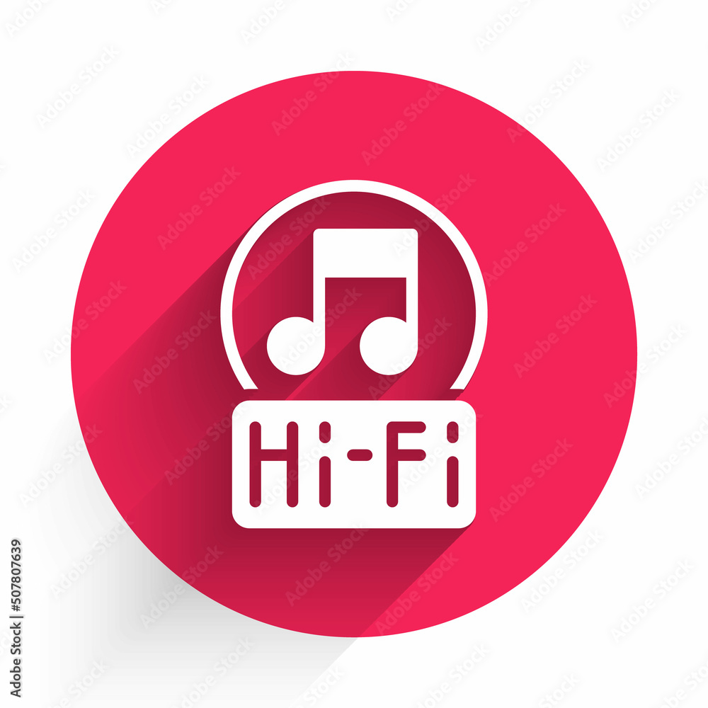 White Music note, tone icon isolated with long shadow. Red circle button. Vector