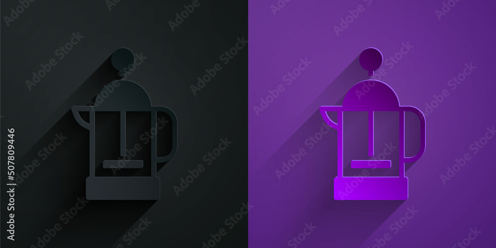 Paper cut French press icon isolated on black on purple background. Paper art style. Vector