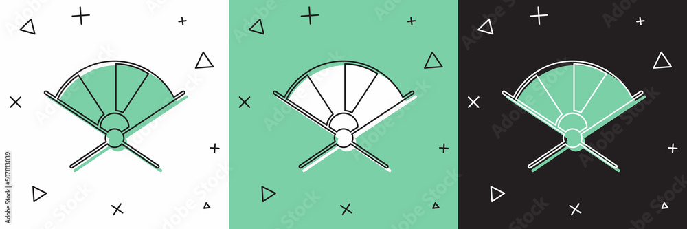 将传统纸质中国或日本折扇图标隔离在白色和绿色，黑色背面gr上