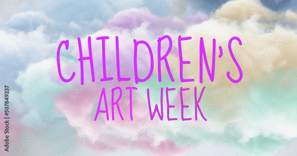 Image of childrens art week over pastel clouds