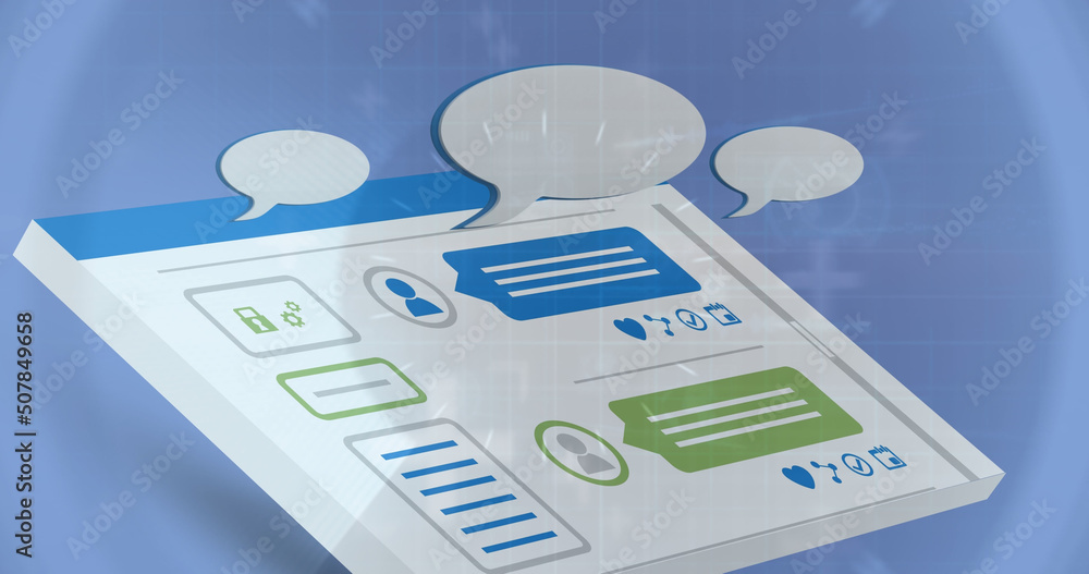 Speech bubbles with data processing and digital interface against round scanner on blue background