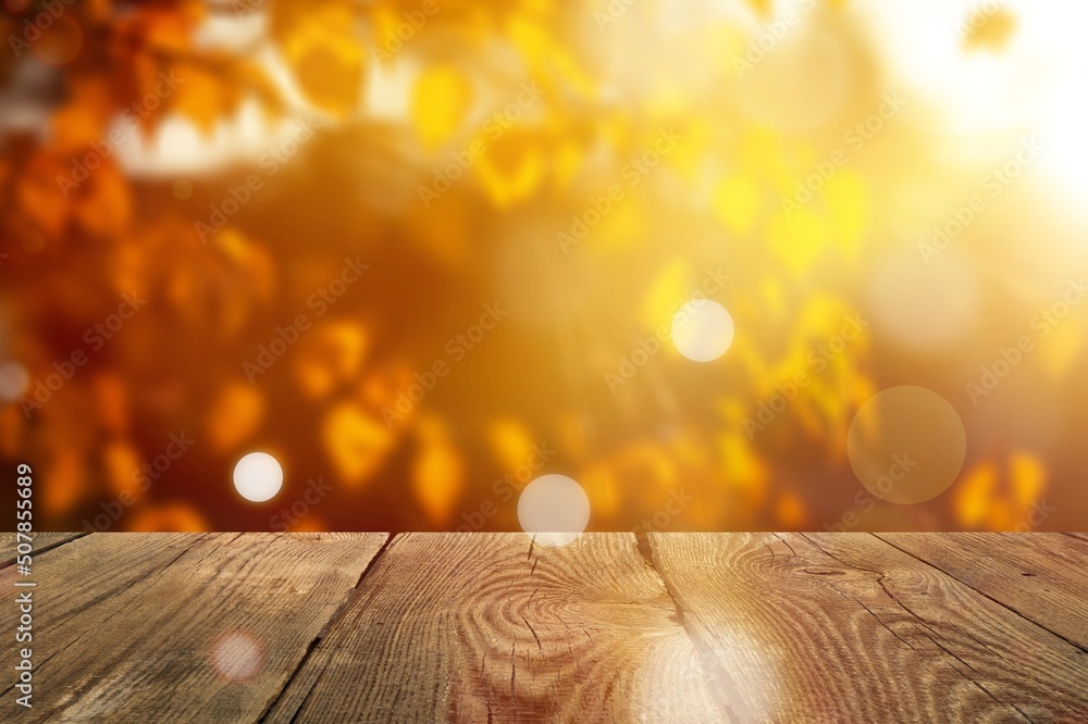 wooden table in front of blur landscape. Product display and presentation