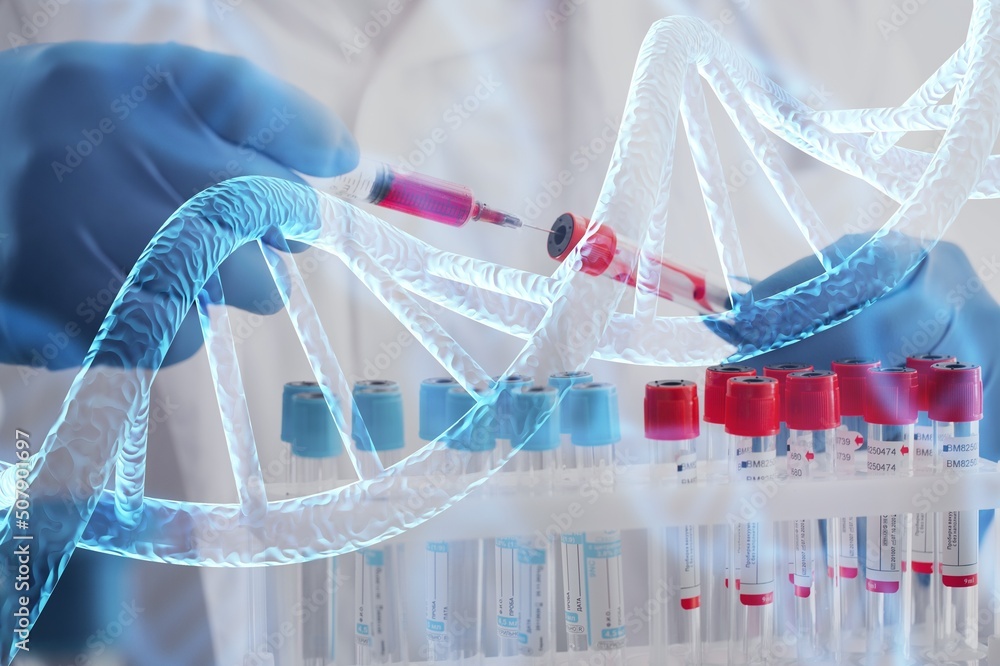 在基因工程实验室进行试管pcr和虚拟屏幕数据科学的科学家。生物医学