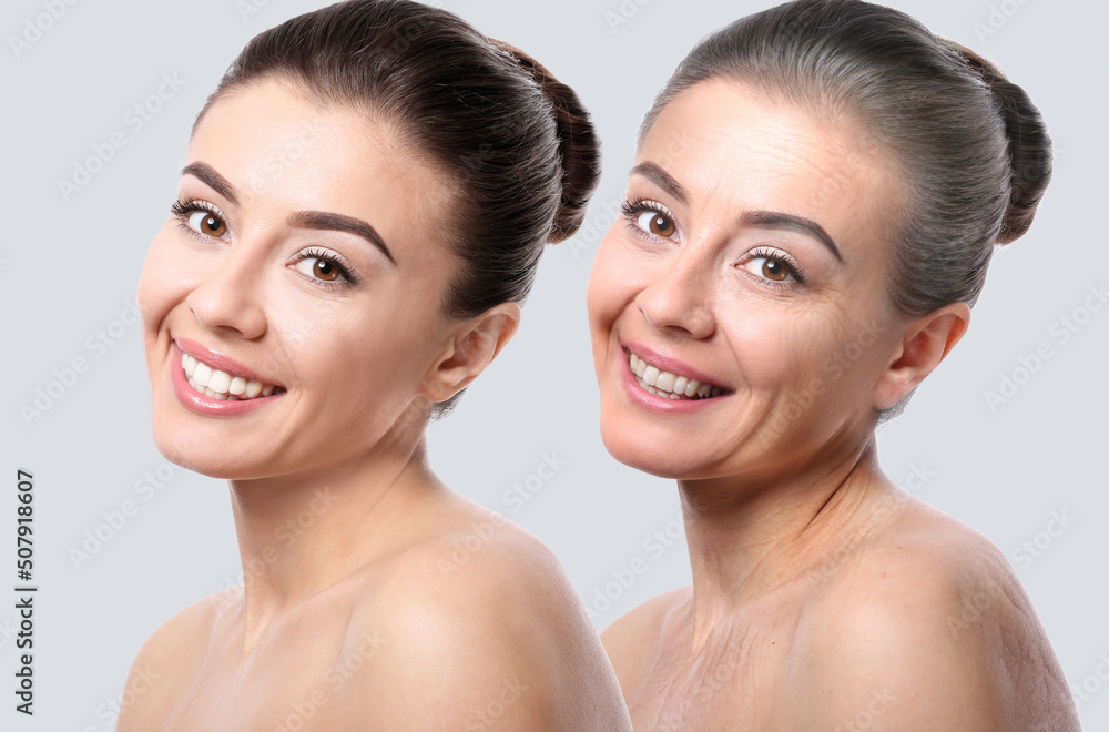 Beautiful young woman with silky skin after spa treatment on white background