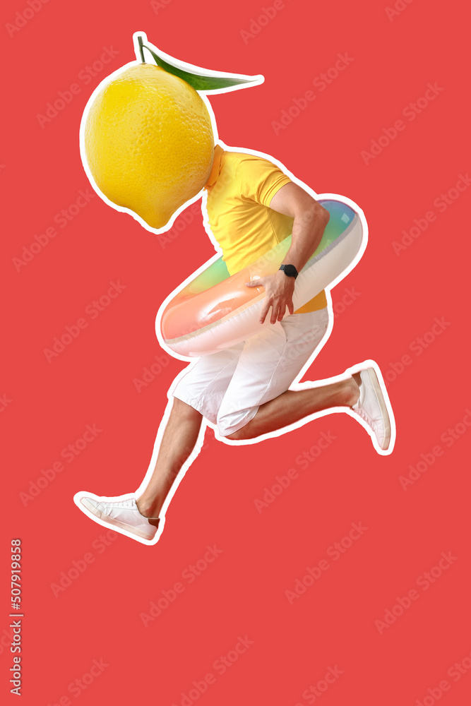 Jumping man with ripe lemon instead of his head and swimming ring on red background