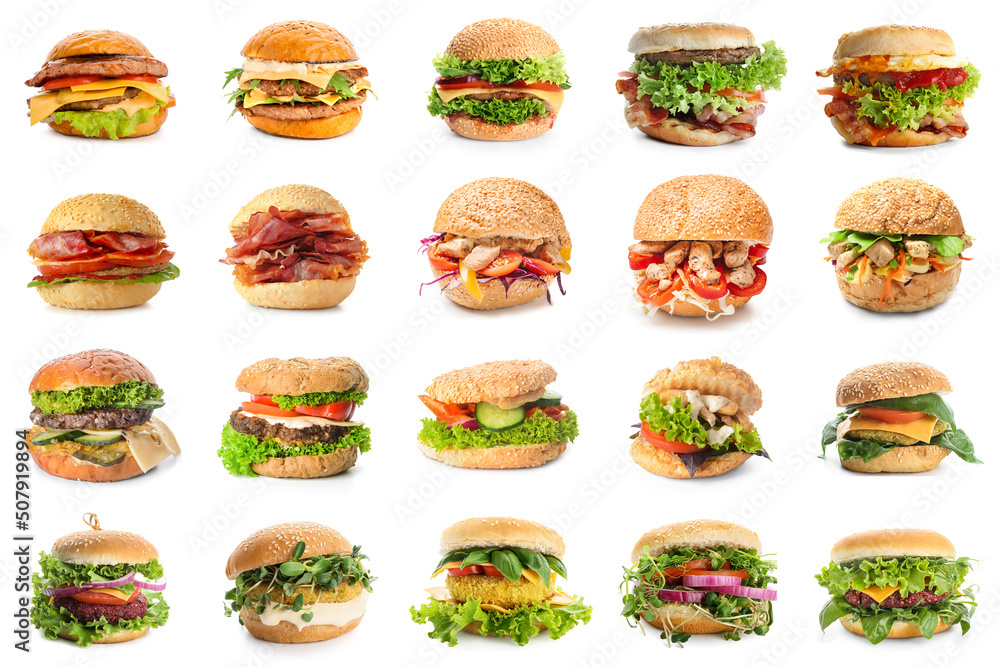 Set of many different tasty burgers isolated on white