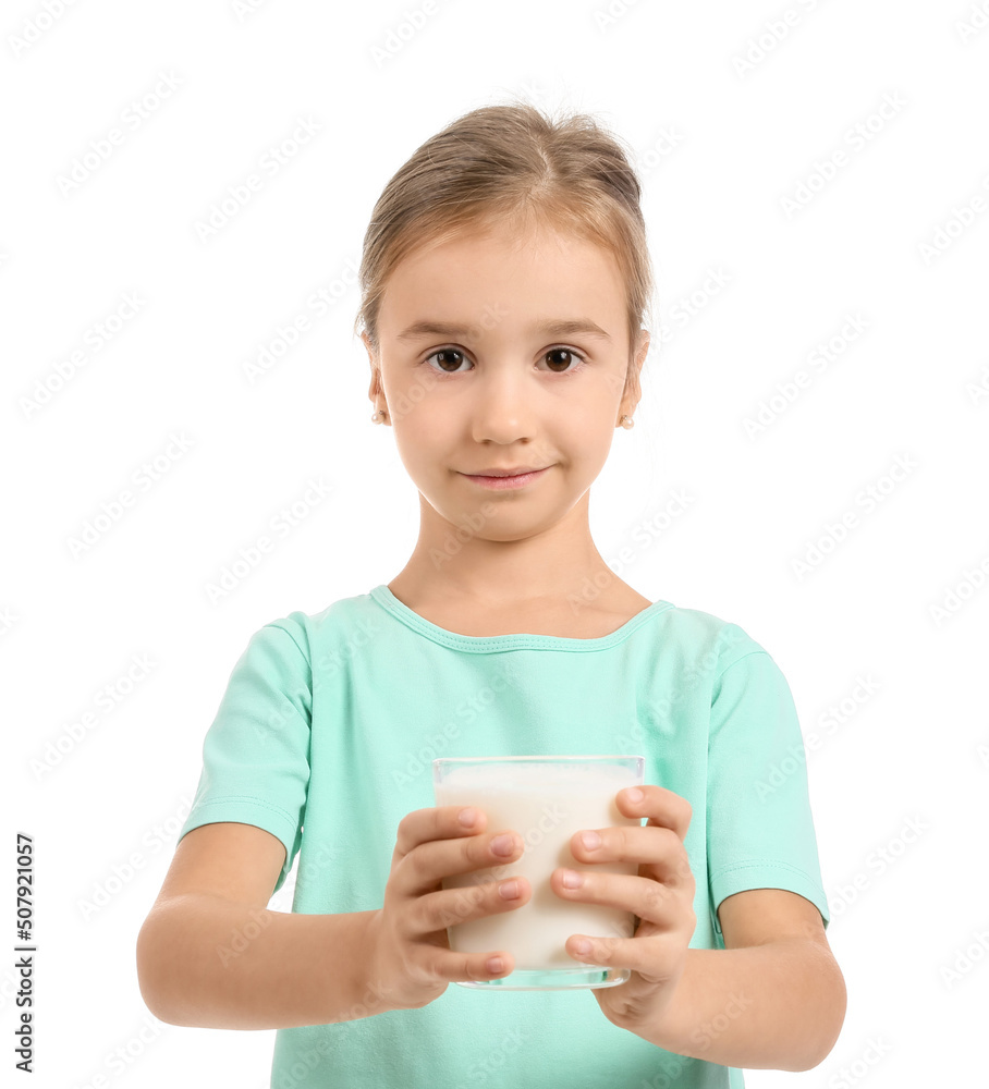 Cute girl with glass of milk on white background