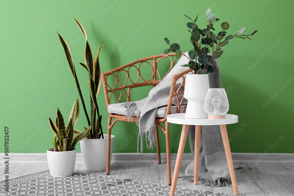 Table with eucalyptus in vase, lamp, armchair and houseplants near green wall