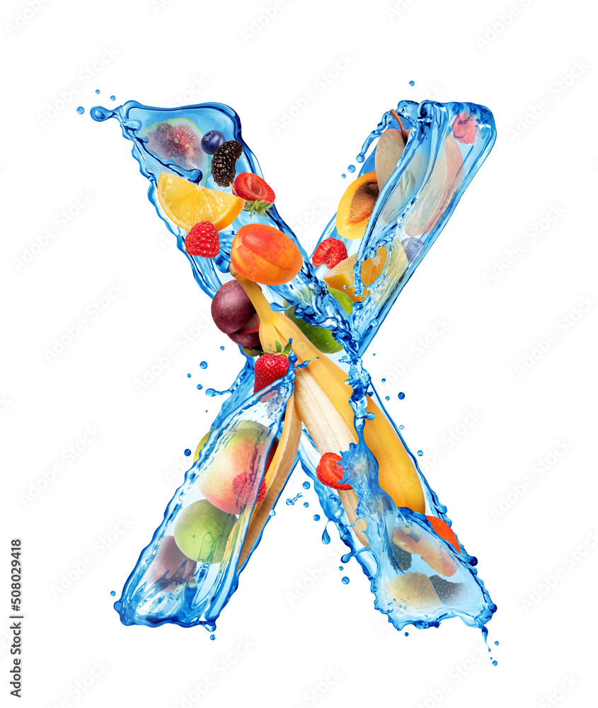 Latin letter X made of water splashes with different fruits and berries