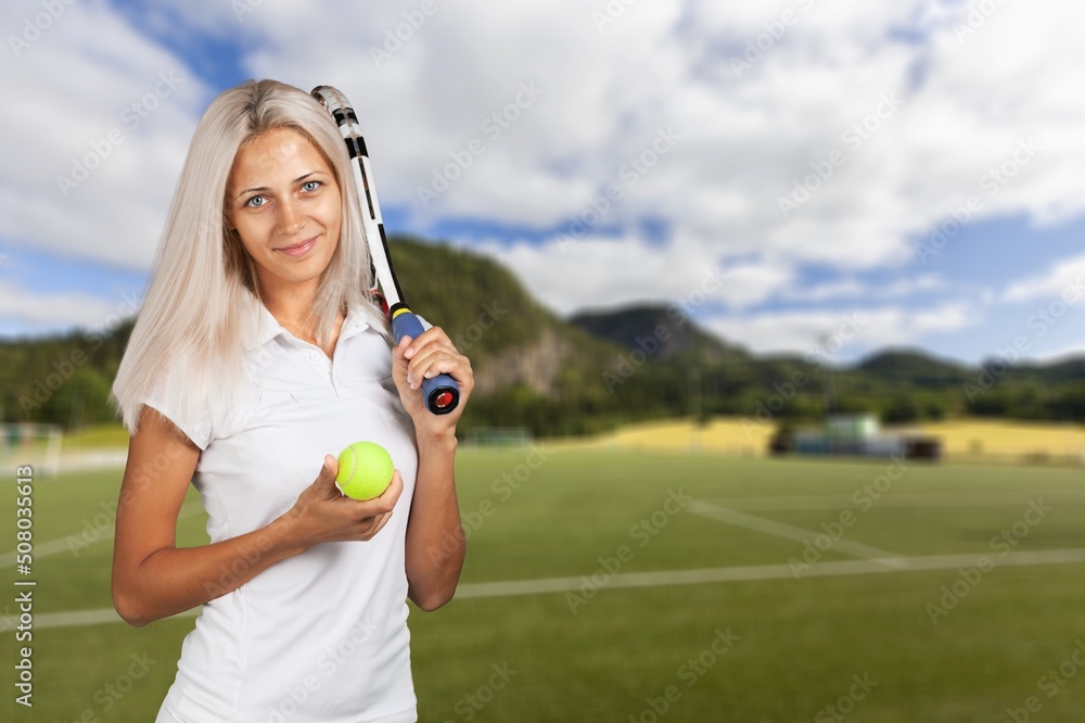 Woman  in action during  a match. Open International Tennis Tournament.