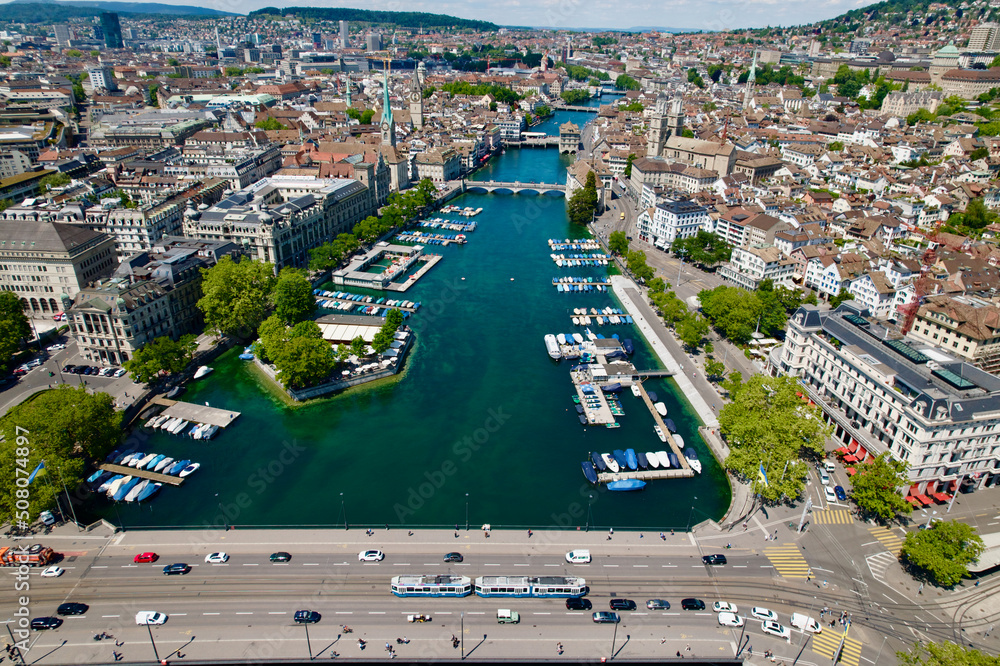 Aerial view of City of Zürich with old town, Quay Bridge and River Limmat on a sunny spring day. Pho