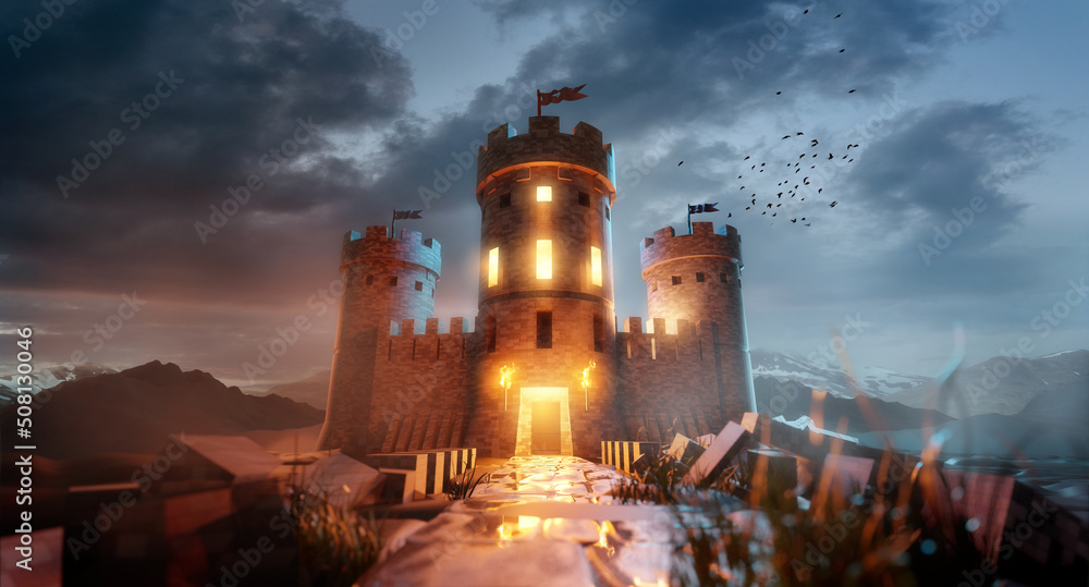 An ancient fantasy medieval castle set against a scenic landscape at dusk. 3D illustration.