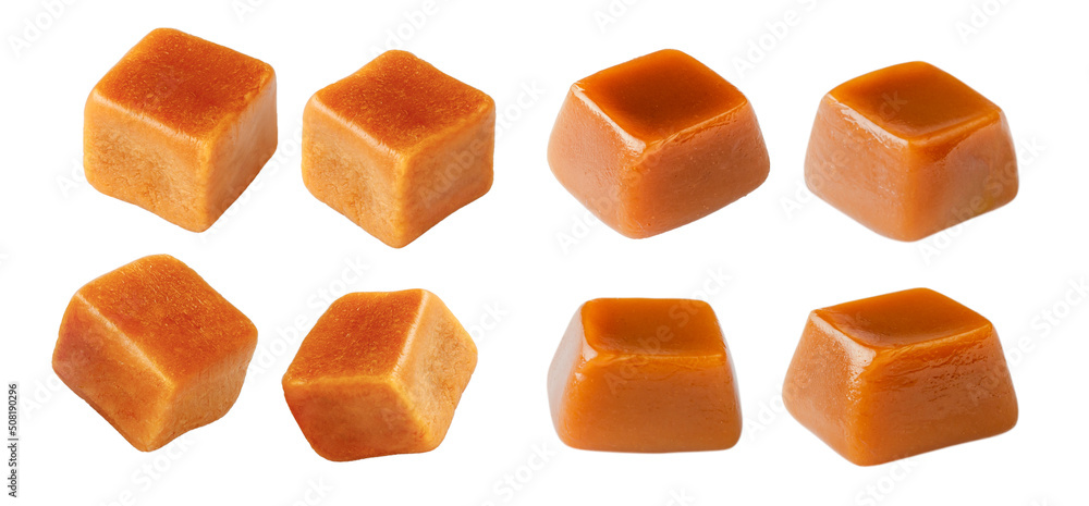 Set of caramel cubes isolated. Caramel candies on white.