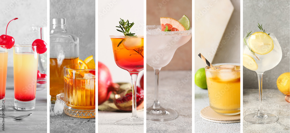 Collage with delicious summer cocktails on light background