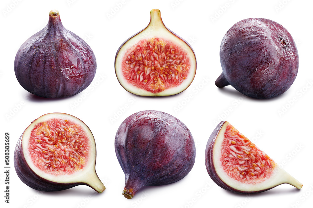 Collection fig isolated on white background. Taste fig with leaf. Full depth of field with clipping 