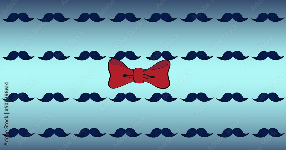 Image of red bowties over repeated moustaches on blue background