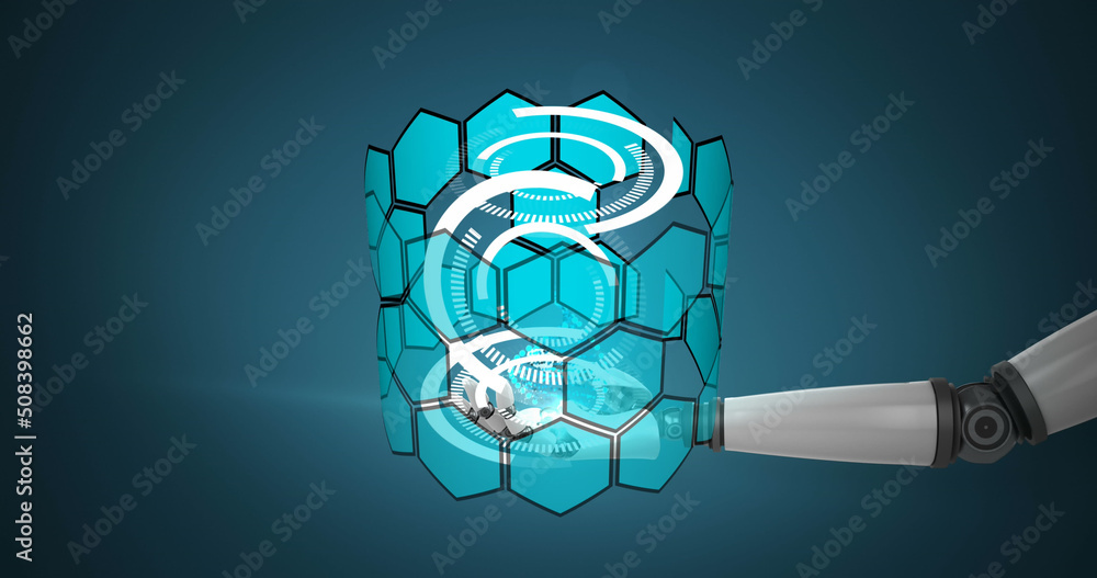 Image of circles and dna strand spinning over robots arm