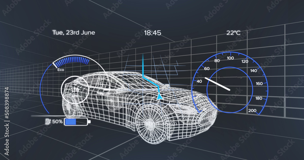 车辆界面上的速度表、gps和充电状态数据图像，通过三维汽车模型