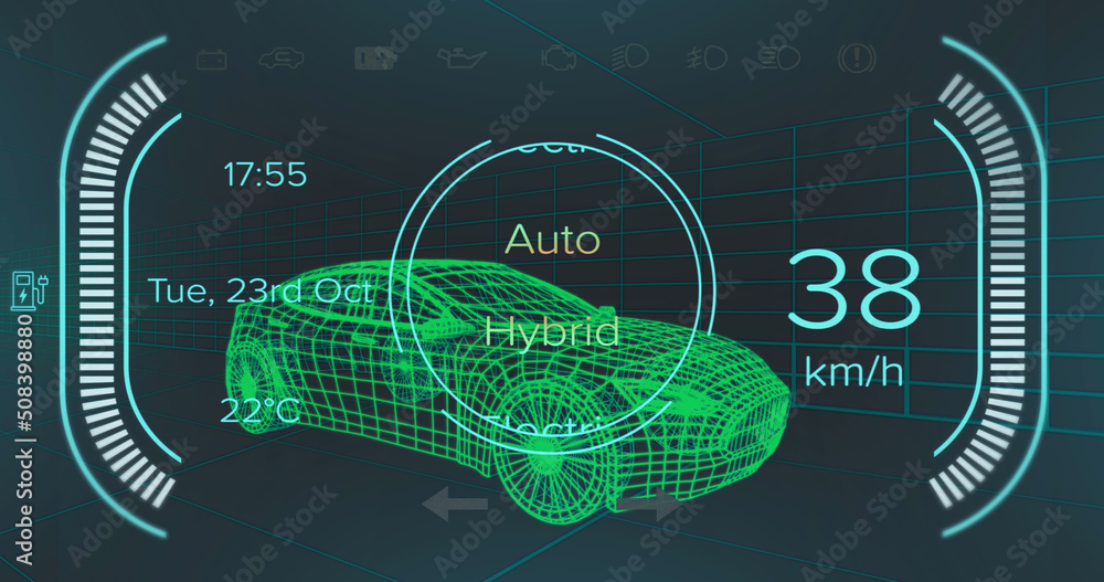 混合动力汽车界面上的速度表、gps和充电状态数据图像，超过3d卡车模型