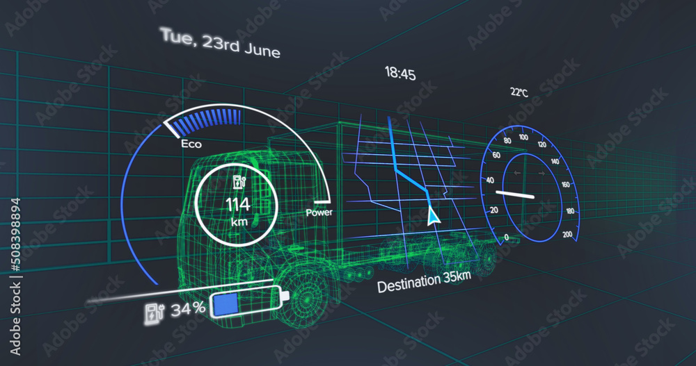 车辆界面上的速度表、gps和充电状态数据图像，通过三维卡车模型