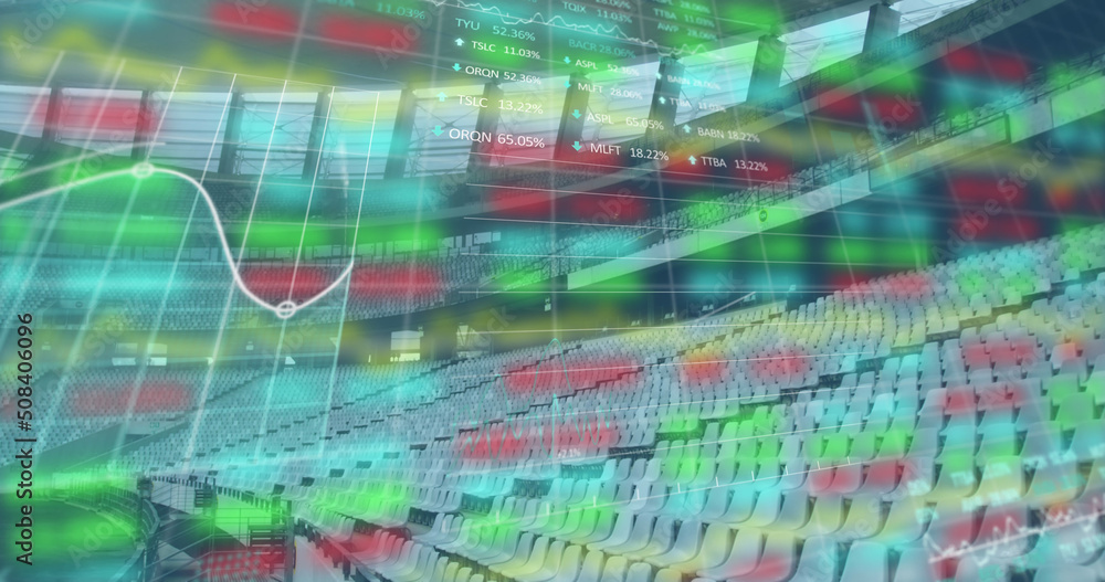 Image of graph and statistics with a grid over an empty rugby stadium