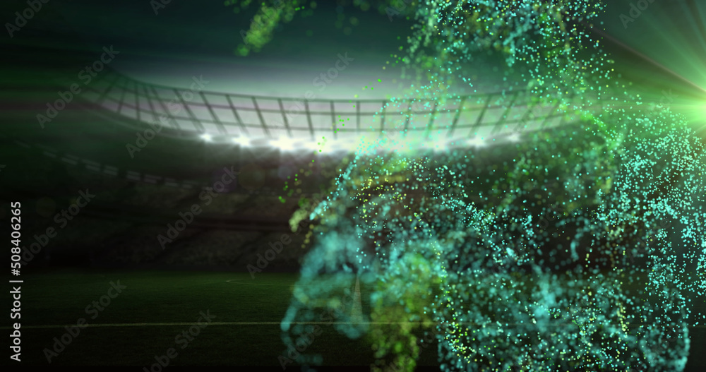 Image of green particles moving over sports stadium